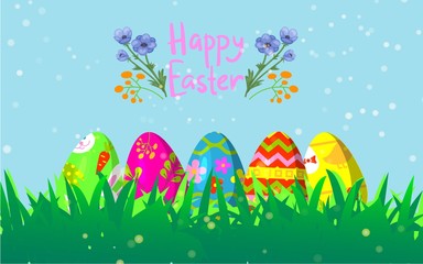 Fototapeta na wymiar Decorative Easter eggs on green grass cartoon vector illustration. Happy easter background with spring grass, flowers and holiday colorful eggs.
