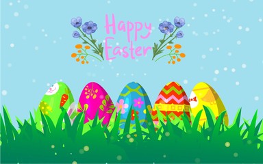 Decorative Easter eggs on green grass cartoon vector illustration. Happy easter background with spring grass, flowers and holiday colorful eggs.