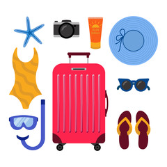 Red suitcase and beach accessories around. Summer travelling concept. Flip flops, snorkeling mask, sunglasses, swimsuit, sun cream, hat, camera in flat style.