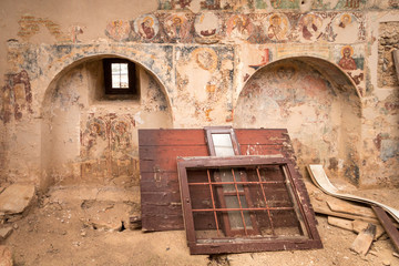Interior of Venetian church with fresco's in Kato Chora on the island Kythira, Greece