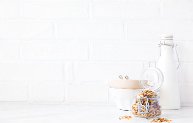 Granola, muesli with vegetable milk. Breakfast, snack.Concept of healthy and dietary nutrition.