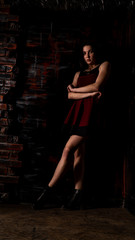 Obraz na płótnie Canvas Pretty young sexy model female with dark hair in amazing long red dress and black shoes posing in dark studio