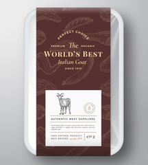Worlds Best Goat Abstract Vector Plastic Tray Container Cover. Premium Meat Vertical Packaging Design Label Layout. Hand Drawn Steak, Sausage, Wings and Legs Sketch Pattern Background.