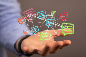 Digital icons with colorful dialog speech bubbles.