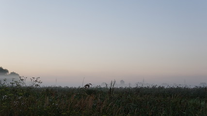 colorful summer morning with golden light and fog between hills