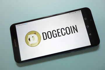 KONSKIE, POLAND - November 17, 2018: Dogecoin (DOGE) cryptocurrency logo displayed on smartphone
