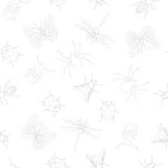 Vector Seamless Pattern Background Wallpaper with Insects in Black and White