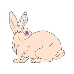 Obraz premium White beautiful easter bunny with purple eyes looking away. Hand drawn vector. Illustration isolated on white background.