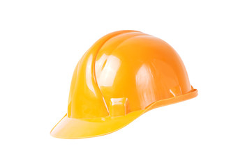 Orange building safety helmet hard hat isolated on white. Three quarter view.