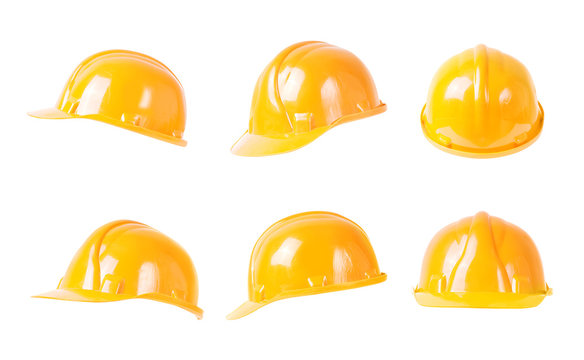 Set of protective safety helmet hard hats isolated on white