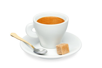 White cup of espresso with a saucer, sugar and a spoon isolated on a white background.