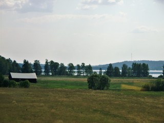 panorama of lake with blue sky and clouds, Finland
