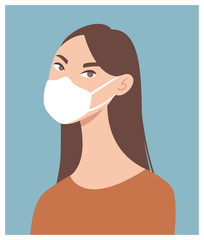 Woman in white medical face mask. Coronavirus in World. Concept of coronavirus quarantine.