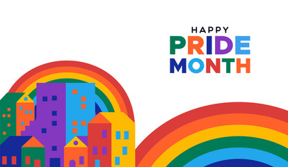 Happy pride month illustration of colorful rainbow city for gay rights event or celebration.