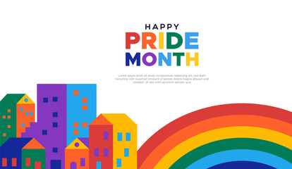 Happy pride month illustration of colorful rainbow city for gay rights event or celebration.