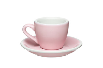 Pink cup and saucer isolated on a white background.