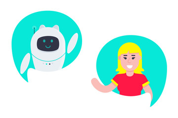Robot chatbot head icon sign in the speech bubble talking with girl flat style design vector illustration isolated on white background. Cute AI bot helper mascot character concept business assistant.