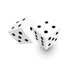 Two white dice with black dots. 3D vector object with dropped shadow