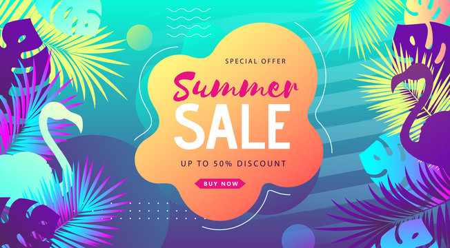 Colorful summer big sale tropical gradient poster with fluorescent tropic leaves and flamingo. Summertime background