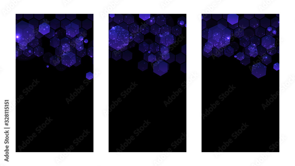 Aufkleber Set of dark background with hexagons for mobile app. Modern dark abstract vector texture. Hexagon pattern. Gradient web ui design. Mobile app interface. Vector illustration layout template design.