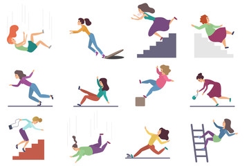 Fototapeta na wymiar Set of flat vector injuring female woman falling down the stairs and over the edge, ladder, drop from the altitude, wet floor falling, stumbling on the sewer hall, tripping on stairs isolated