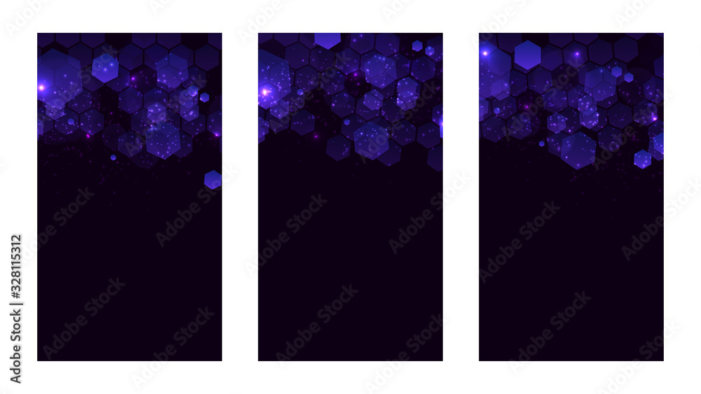 Fototapete Set of dark background with hexagons for mobile app. Modern dark abstract vector texture. Hexagon pattern. Gradient web ui design. Mobile app interface. Vector illustration layout template design.