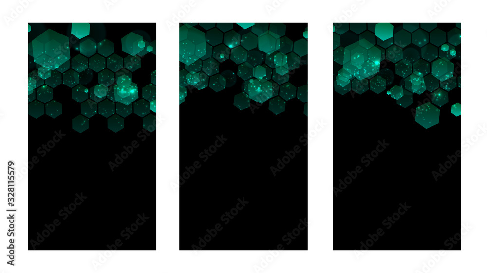 Aufkleber Set of dark background with hexagons for mobile app. Modern dark abstract vector texture. Hexagon pattern. Gradient web ui design. Mobile app interface. Vector illustration layout template design.