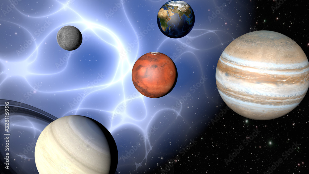Wall mural parade of planets and a mysterious nebula. 3d rendering