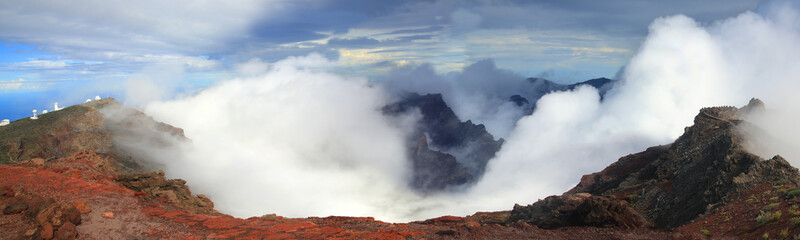 Roque de los Muchachos, Gipfel mit Nebel, Insel La Palma, Kanaren, Spanien, Europa, Panorama 