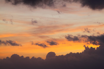 Dramatic red and orange sky and clouds abstract background. Red-orange clouds on sunset sky. Warm weather background. Art picture of sky at dusk