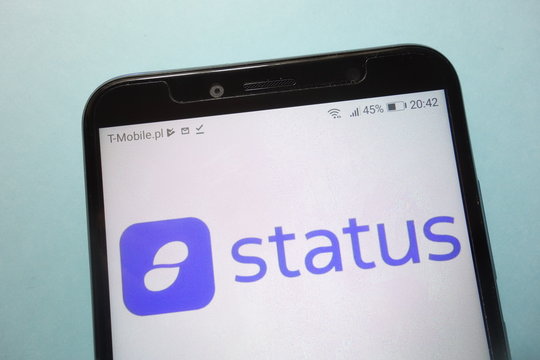 KONSKIE, POLAND - November 17, 2018: Status (SNT) cryptocurrency logo displayed on smartphone
