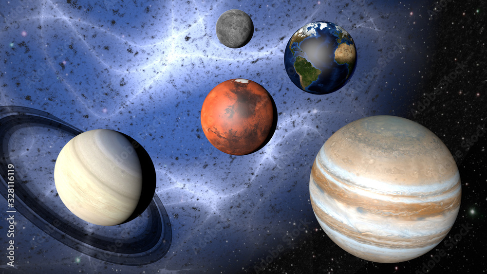 Wall mural parade of planets and a mysterious nebula. 3d rendering
