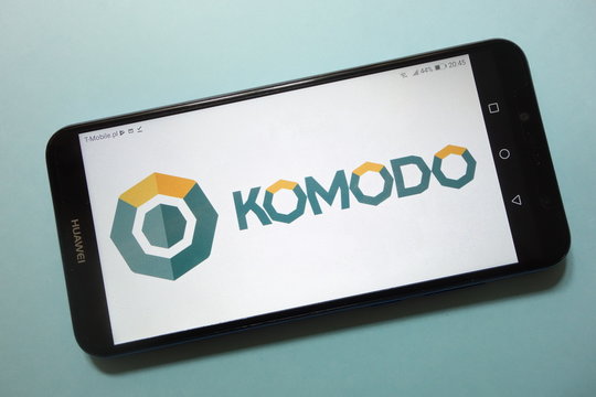KONSKIE, POLAND - November 17, 2018: Komodo (KMD) cryptocurrency logo displayed on smartphone