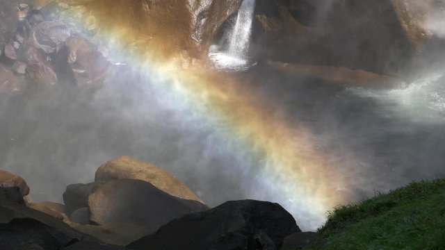 Rainbow and Mist at Foot of Nevada Fall, Yosemite National Park California USA, Slow Motion