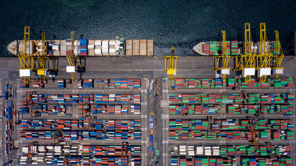 Container ship loading and unloading in deep sea port, Aerial view of business logistic import and...