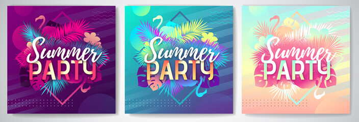 Set of Colorful summer party posters  with fluorescent tropic leaves and flamingo. Summertime background