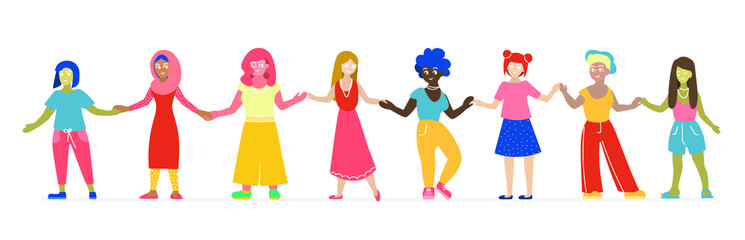 Vector illustration of a lot of women holding hands.