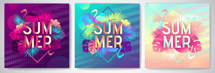 Set of Colorful summer party posters with fluorescent tropic leaves and flamingo. Summertime background