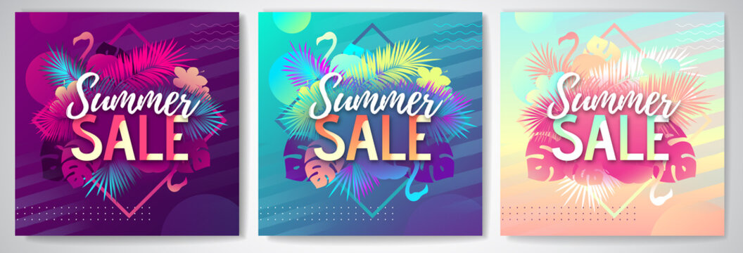 Set of colorful summer big sale tropical gradient banners with fluorescent tropic leaves and flamingo. Summertime template collection.