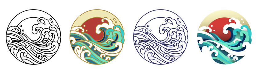 Wave water and sun vector art illustration.