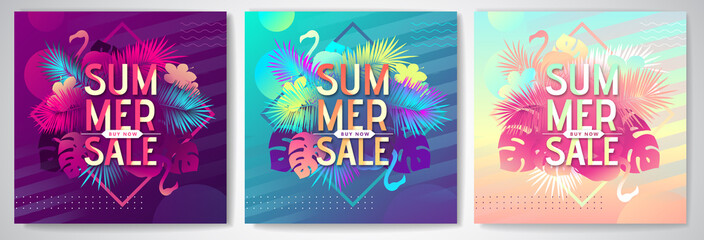Set of colorful summer big sale tropical gradient banners with fluorescent tropic leaves and flamingo. Summertime template collection.