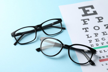 Glasses and eye test chart on blue background, close up