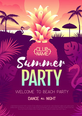 Colorful summer disco party poster with fluorescent tropic leaves, pineapple and flamingo. Summertime beach background