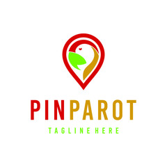 Parrot logo design template. Awesome parrot with location pin symbol logo. A pin parrot logotype.