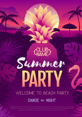Colorful summer disco party poster with fluorescent tropic leaves, pineapple and flamingo. Summertime beach background