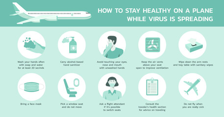 how to stay healthy on a plane while virus is spreading infographic, healthcare and medical about flu and fever prevention, vector flat icon symbol, layout, template illustration in horizontal design