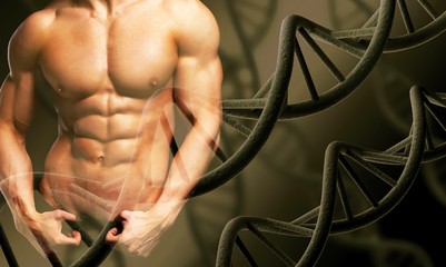 Perfect man body on DNA structure background