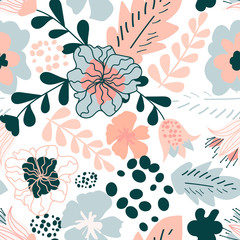 Cute seamless pattern with flowers in pastel colors. Beautiful summer pattern. Background with flowers. Seamless vector texture with cute organic elements. Creative floral texture. Good for printing