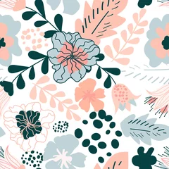 Wall murals Floral pattern Cute seamless pattern with flowers in pastel colors. Beautiful summer pattern. Background with flowers. Seamless vector texture with cute organic elements. Creative floral texture. Good for printing
