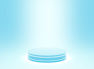 3d blue neon spot light cylinder podium minimal studio blue bright background. Abstract 3d geometric shape object illustration render. Display for science technology product.